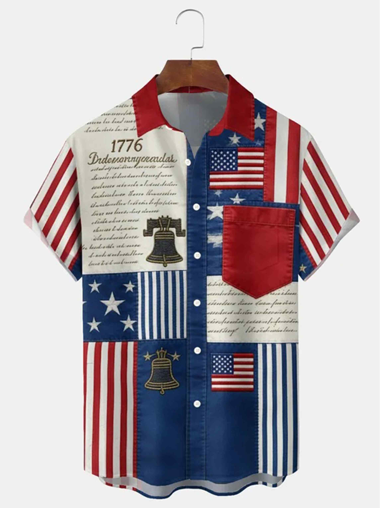 Patriotic 1776 Liberty Bell Button Shirt American Flag Patchwork Apparel Gift For Men