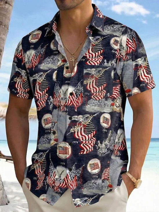Patriotic 1776 USA Flag Hawaiian Button Shirt 4th of July Summer Clothing Gift For Him