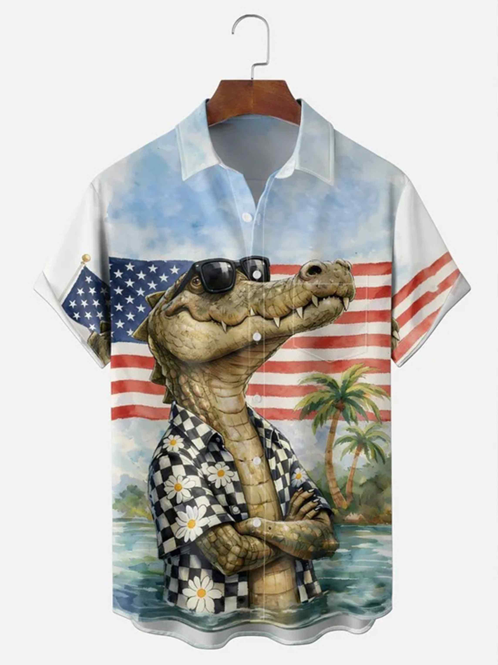 Patriotic Alligator American Flag Button Shirt Funny Crocodile In Sunglasses Merch Gift Ideas