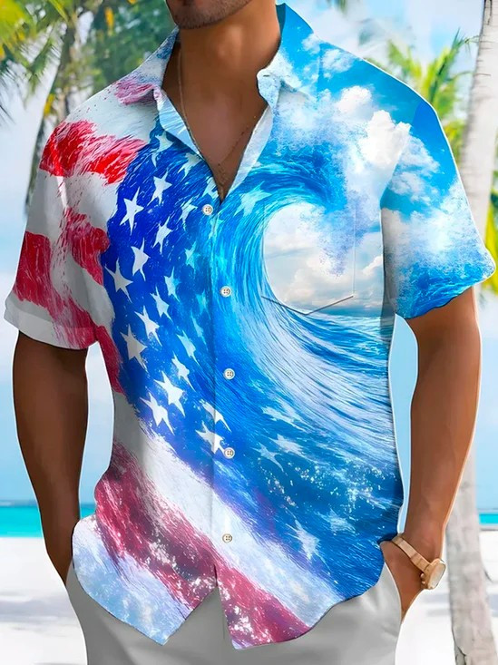 Patriotic American Beach Flag Hawaiian Button Shirt Independence Day Clothing Gift Ideas