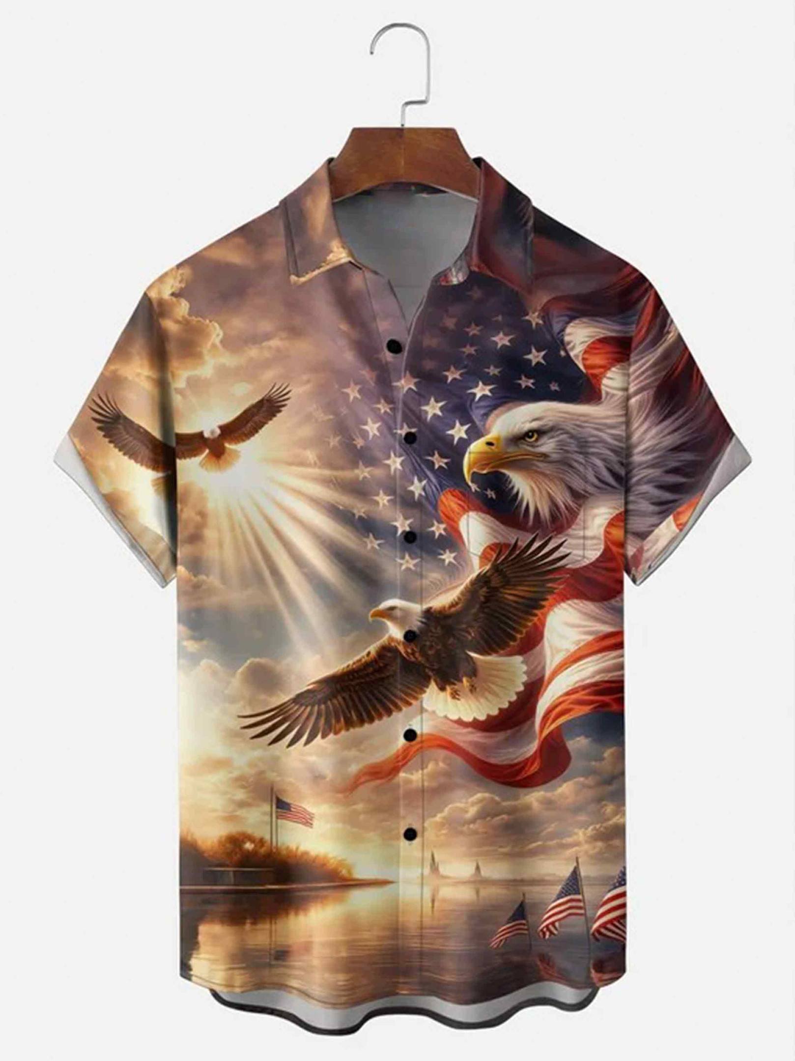 Patriotic American Eagle Flag Button Shirt Independence Day Clothing Gift For Men
