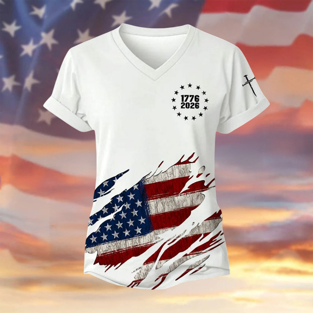 Patriotic American Flag 1776 2026 Faith V-Neck Shirt Independence Day Clothes Gift For Girlfriend