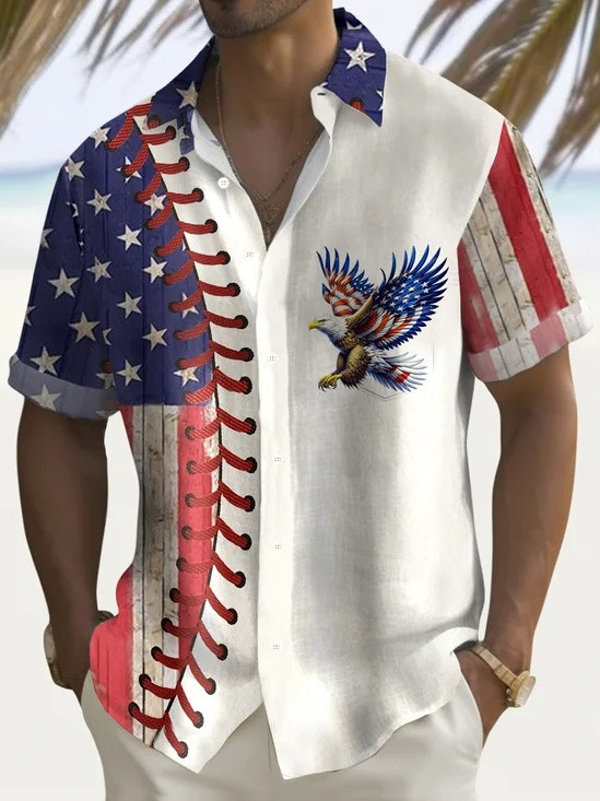 Patriotic American Flag Baseball Eagle Hawaiian Button Shirt 4Th Of July Clothes Gift Ideas
