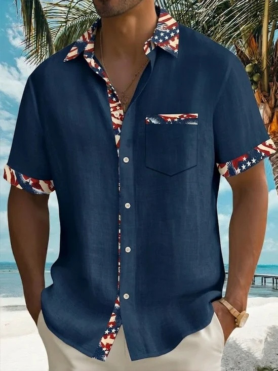 Patriotic American Flag Contrast Trim Hawaiian Button Shirt Beach Vacation Clothing Gift Ideas