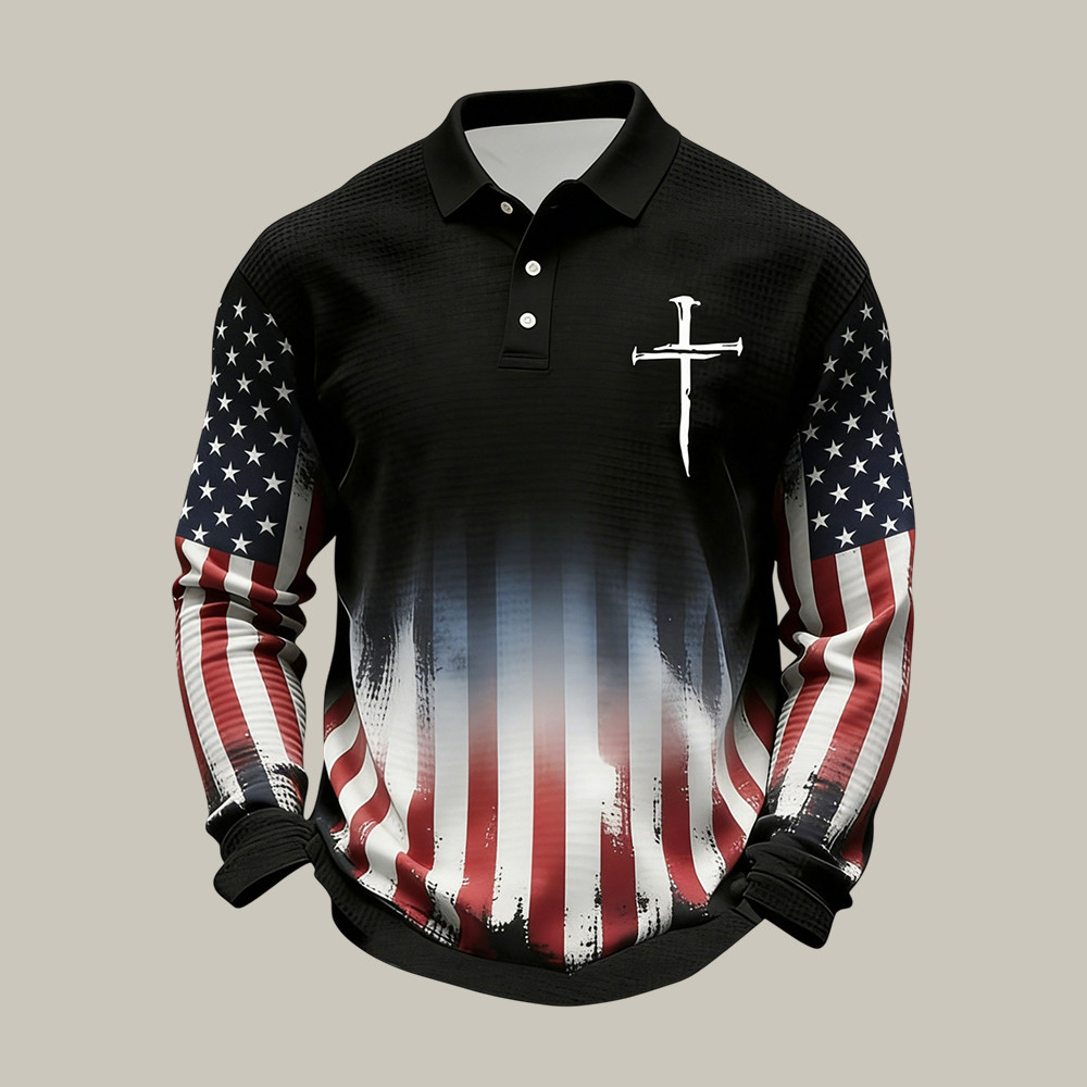Patriotic American Flag Faith Polo Long Sleeve Shirt July 4 Clothing Patriotic Present