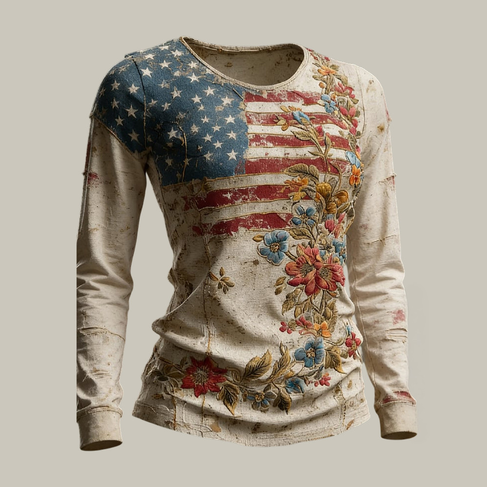 Patriotic American Flag Floral Long Sleeve Shirt Fourth Of July Apparel Gift For Independence Day 2026