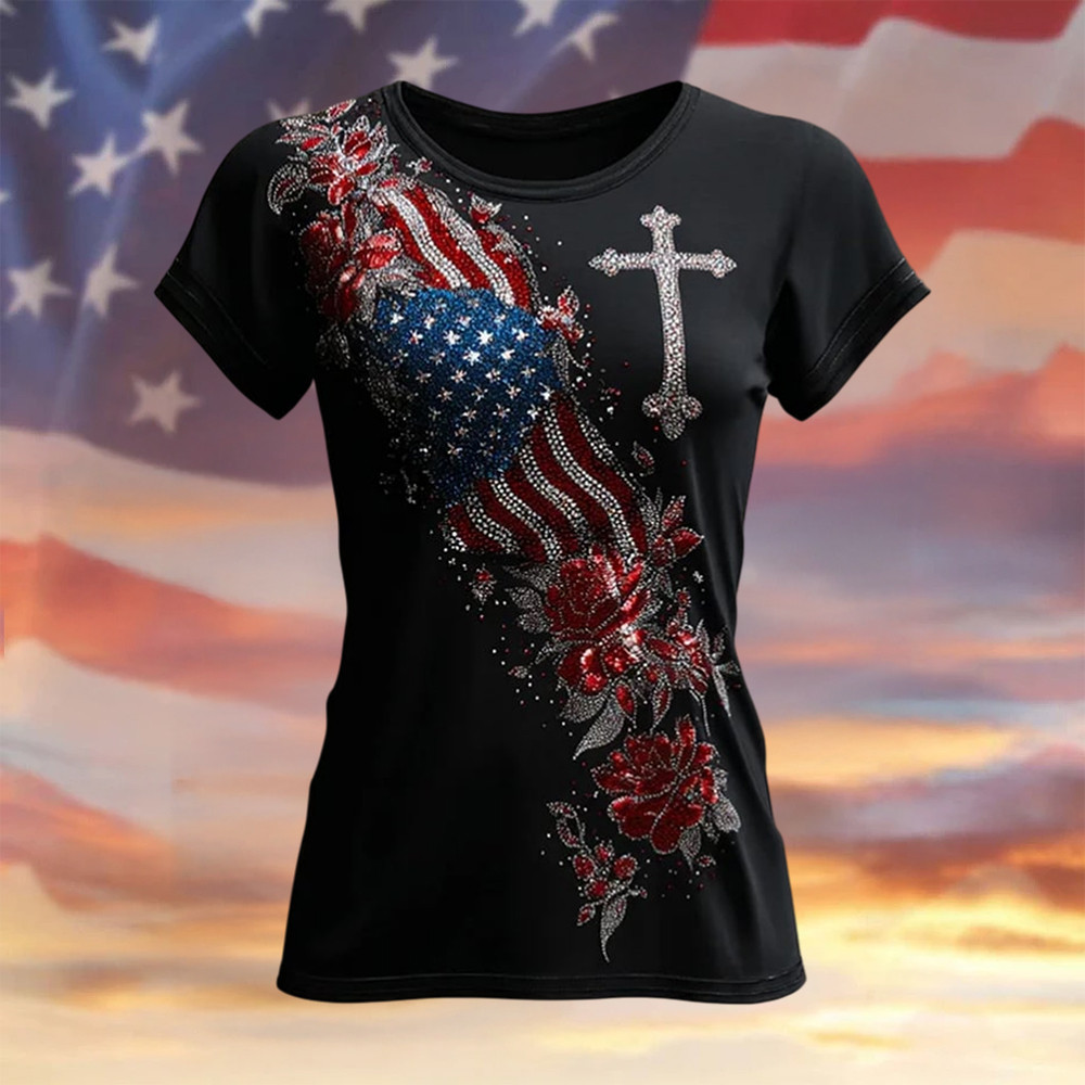 Patriotic American Flag Graphic Faith T-Shirt Independence Day 2026 Clothes Present For Her