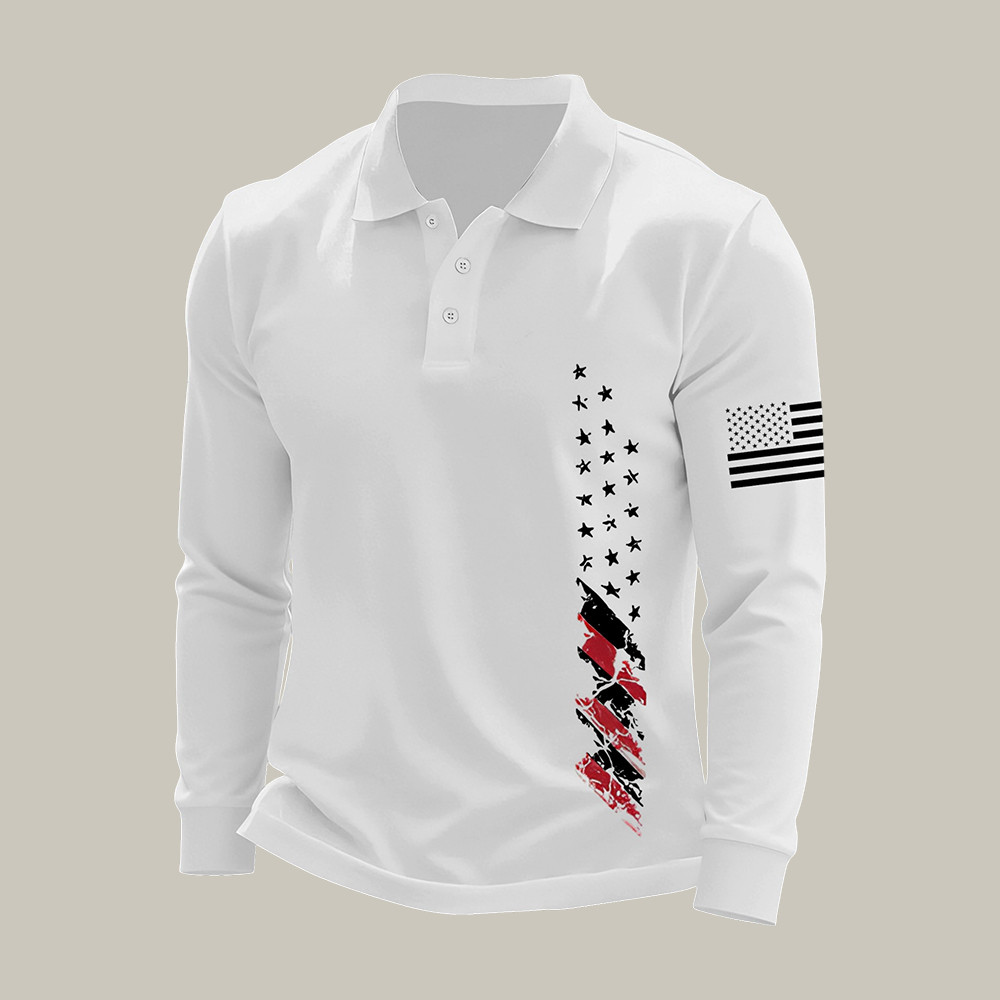 Patriotic American Flag Graphic Polo Long Sleeve Shirt Independence Day 2026 Clothing Line
