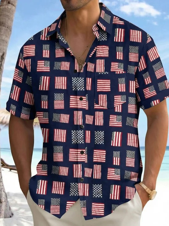 Patriotic American Flag Hawaiian Button Shirt Independence Day Clothing Gift For Men