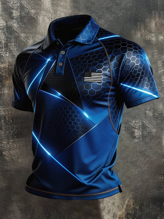 Patriotic American Flag Polo Shirt Retro Geometric Honeycomb Short Sleeve Casual Gift For Dad