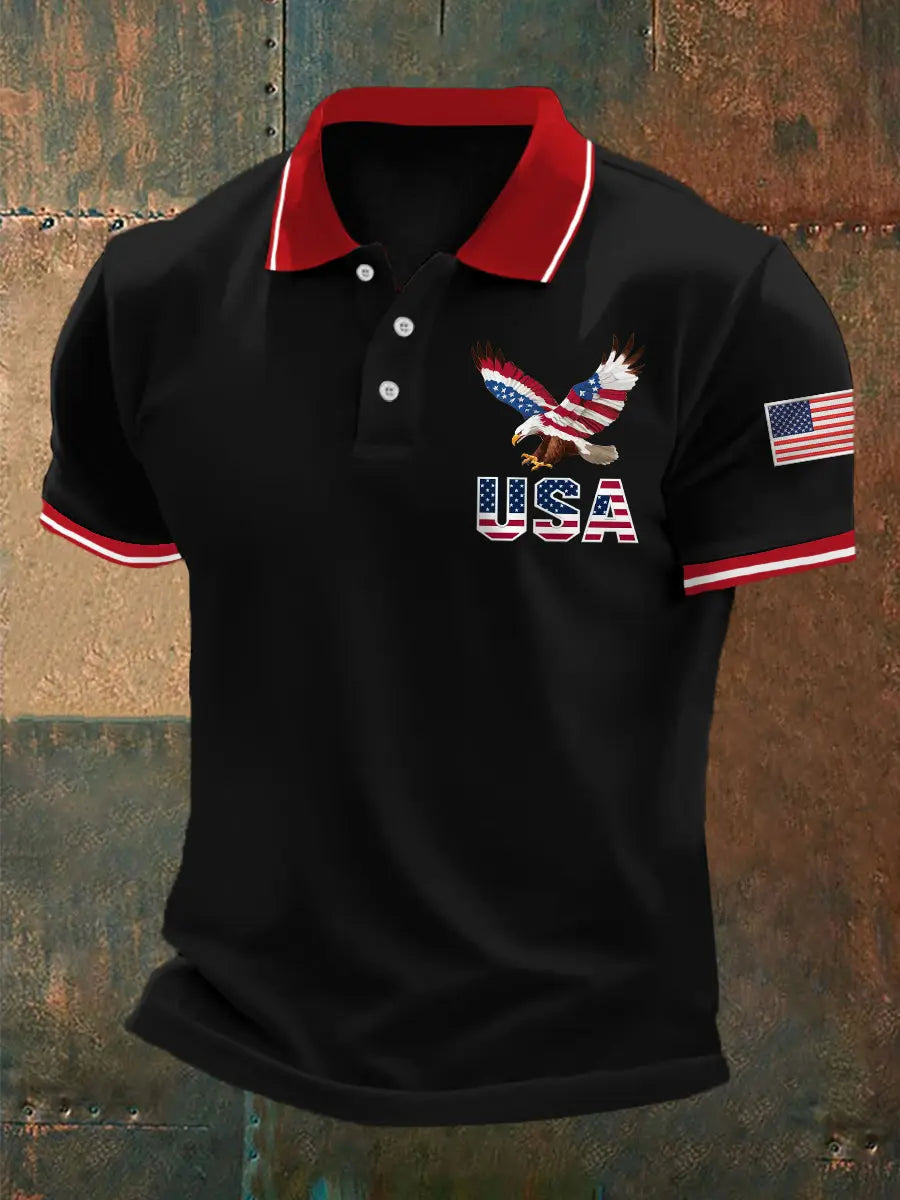 Patriotic American Flag Polo Shirt with Bald Eagle Print Best Gift for Independence Day