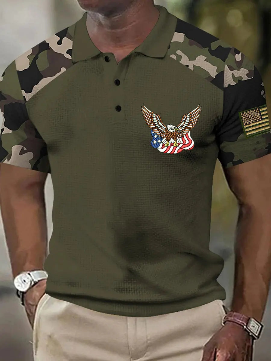 Patriotic American Flag Polo Shirt with Embroidered Eagle Camo Sleeves Gift for USA Fans