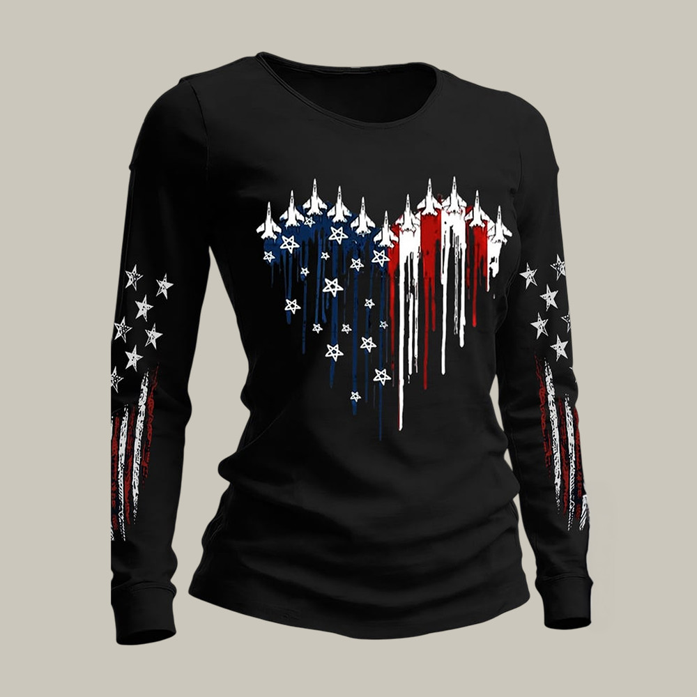 Patriotic American Flah Heart Shape Long Sleeve Shirt Independence Day Apparel Patriotic Gift