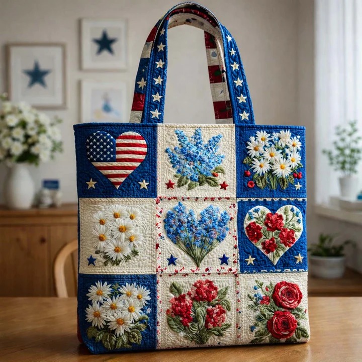 Patriotic American Heart Floral Quilted Tote Bag USA Stars And Stripes Nature Lover Gift For Mom
