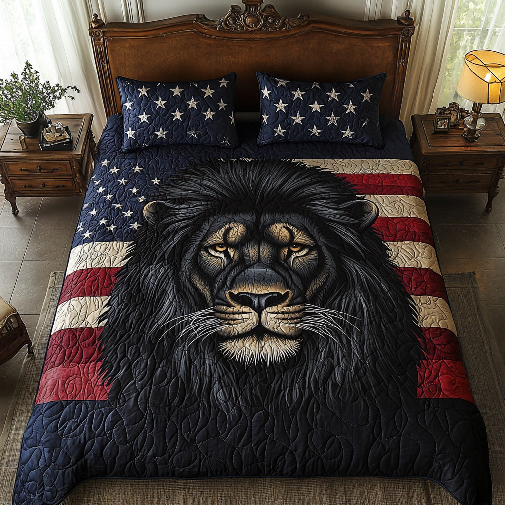 Patriotic Black Lion Quilted Bedding Set Best Comforter Sets Lion Gifts For Men