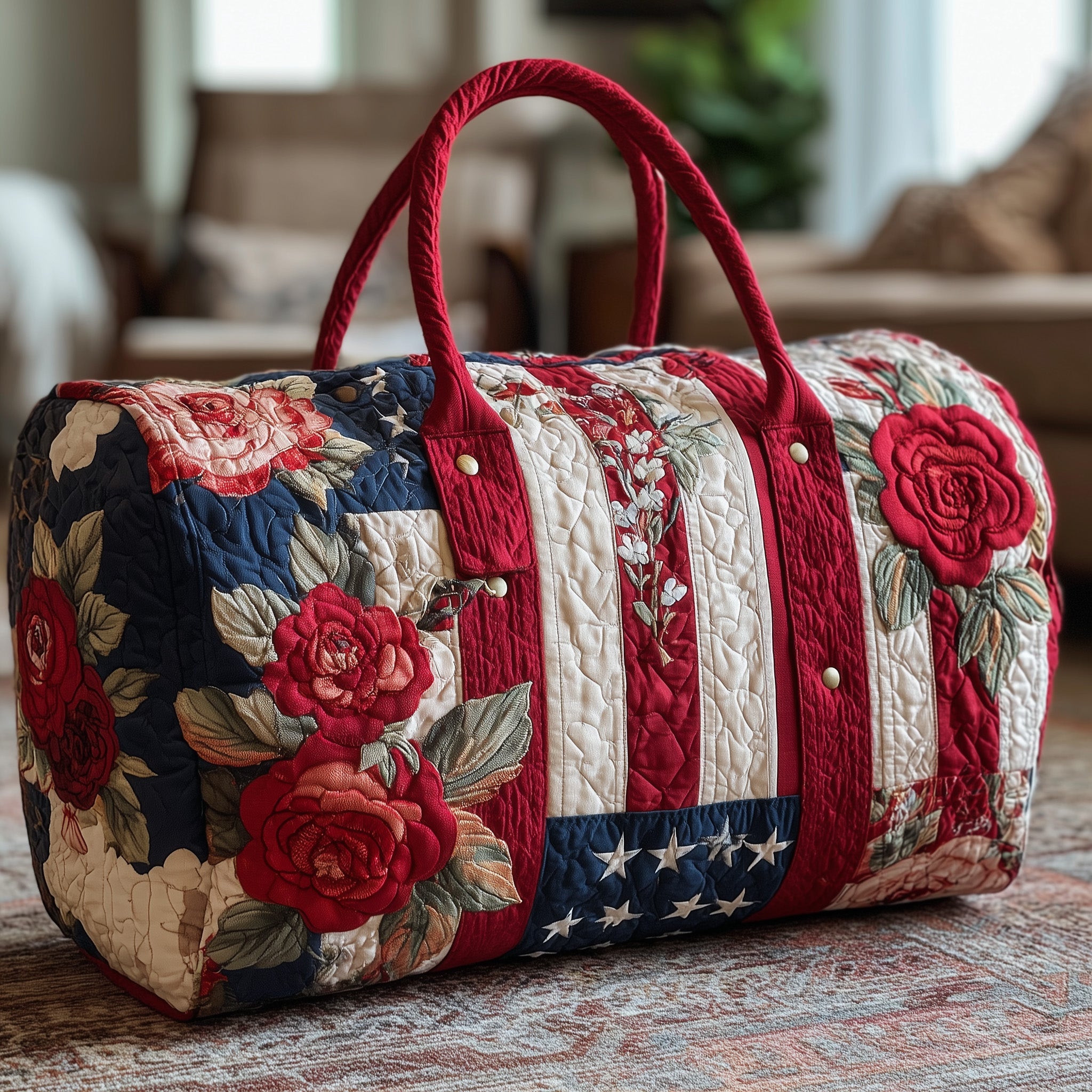 Patriotic Bloom Quilted Duffle Bag Organized Storage Pockets