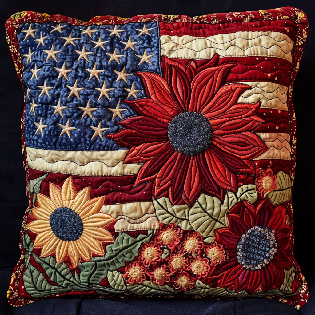 Patriotic Blossoms Quilted Pillow Case Classic Americana Style Home Decor Unique Gifts