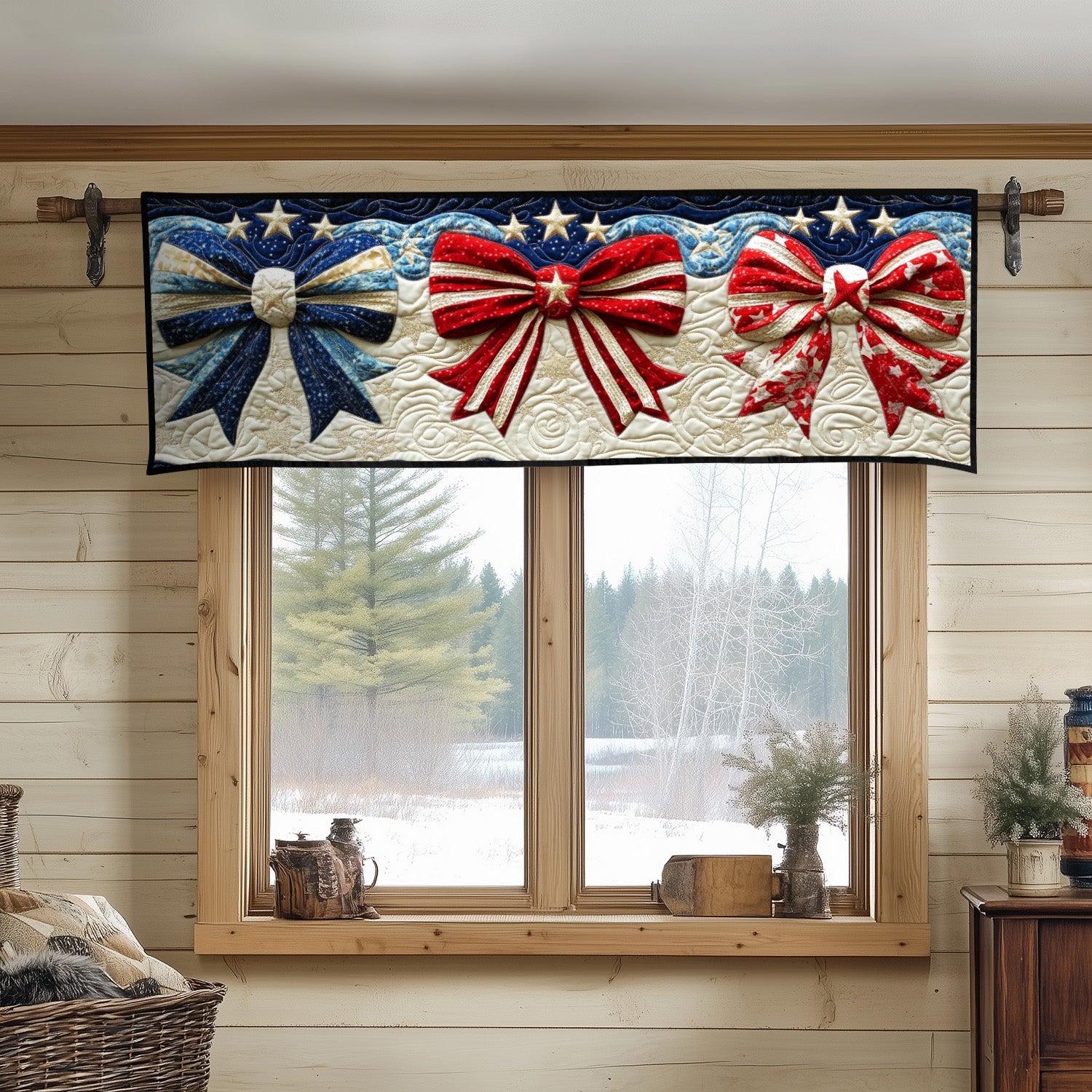 Patriotic Bow Parade Quilted Valance Kitchen Window Valance Special Birthday Gifts For Dad
