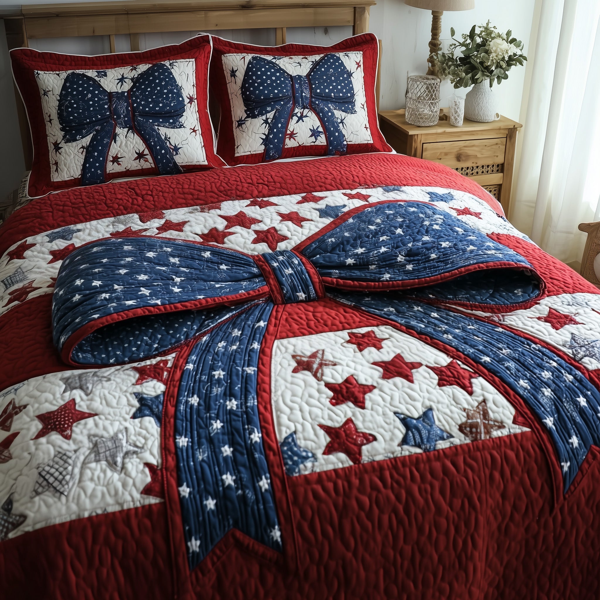 Patriotic Bow Quilted Bedding Set Duvet Cover Bedspread Best Gifts For Women 2025