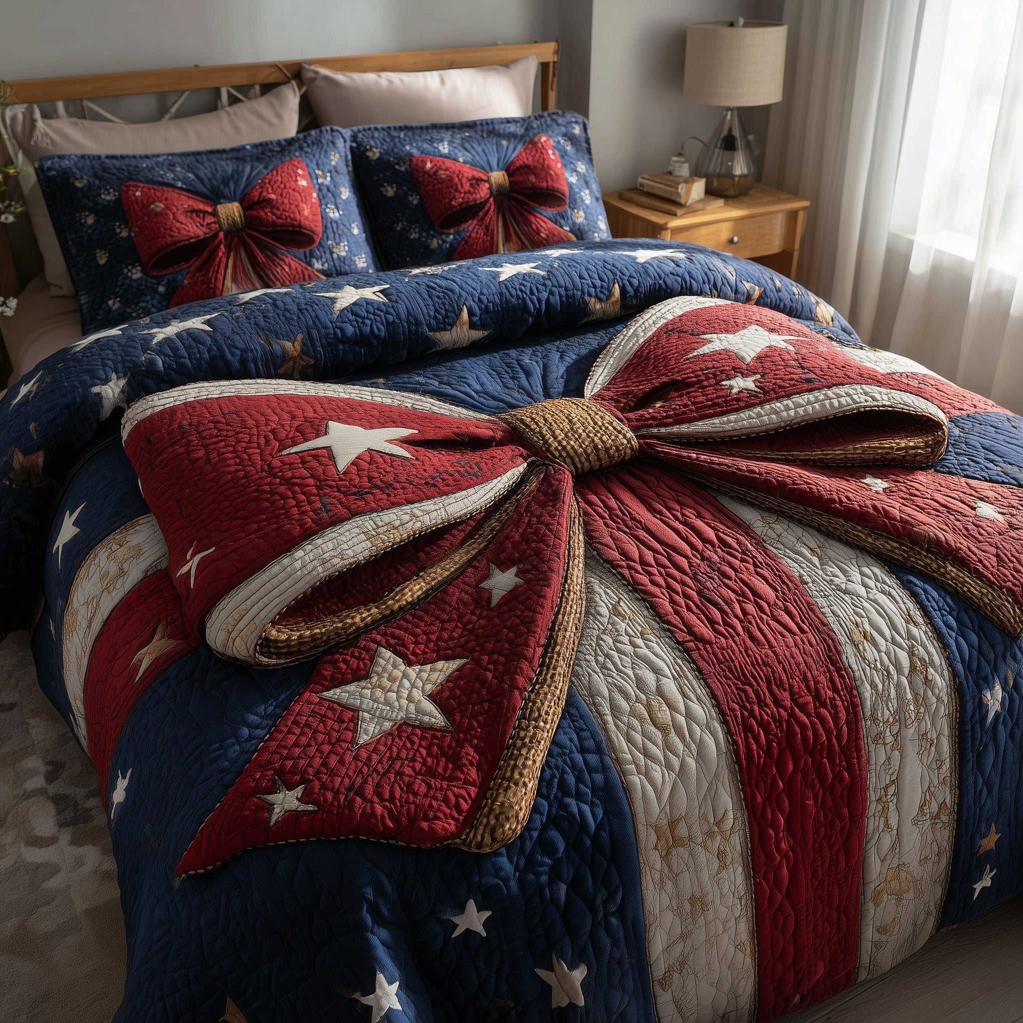 Patriotic Bow Quilted Bedding Set Duvet Cover Bedspread Good Gifts For Girlfriend