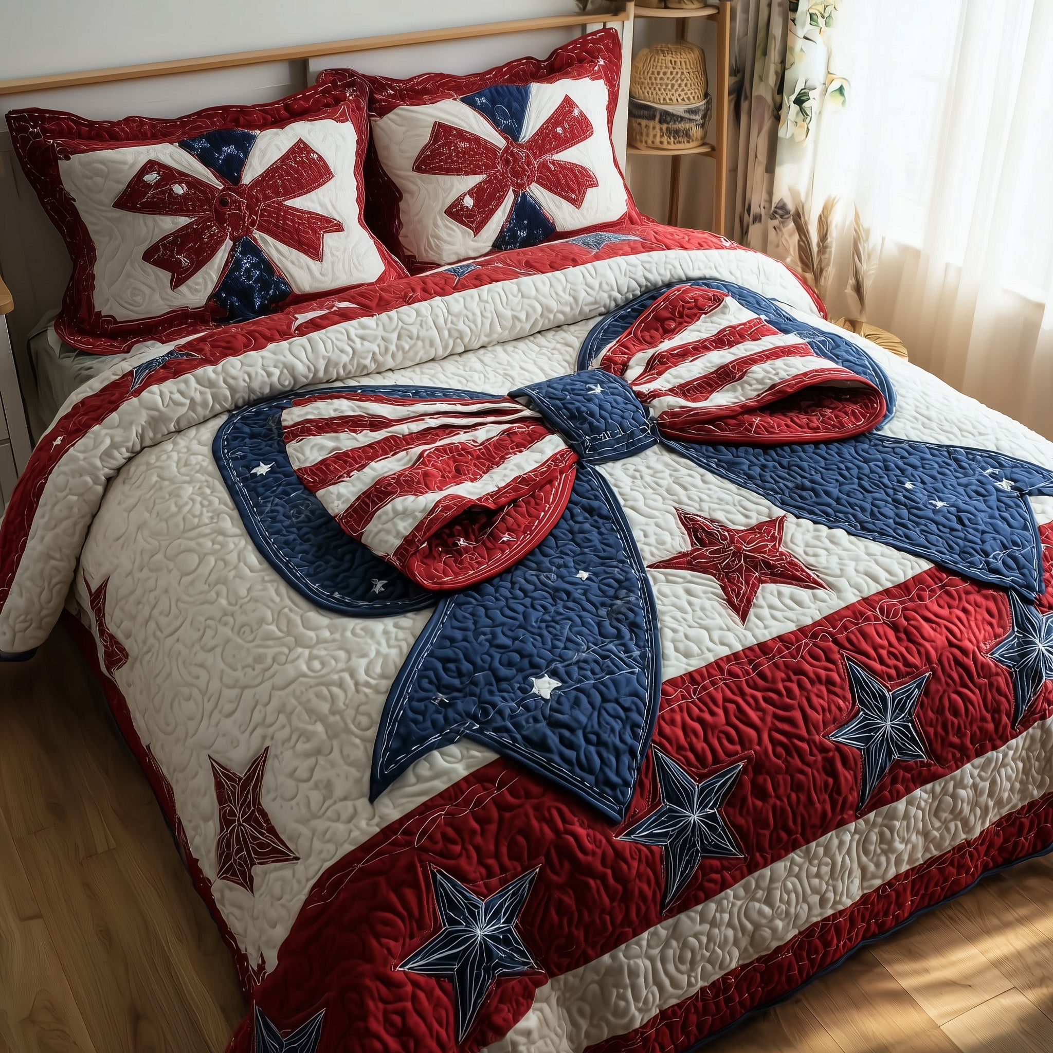 Patriotic Bow Quilted Bedding Set Duvet Cover Bedspread Good Gifts For Mom