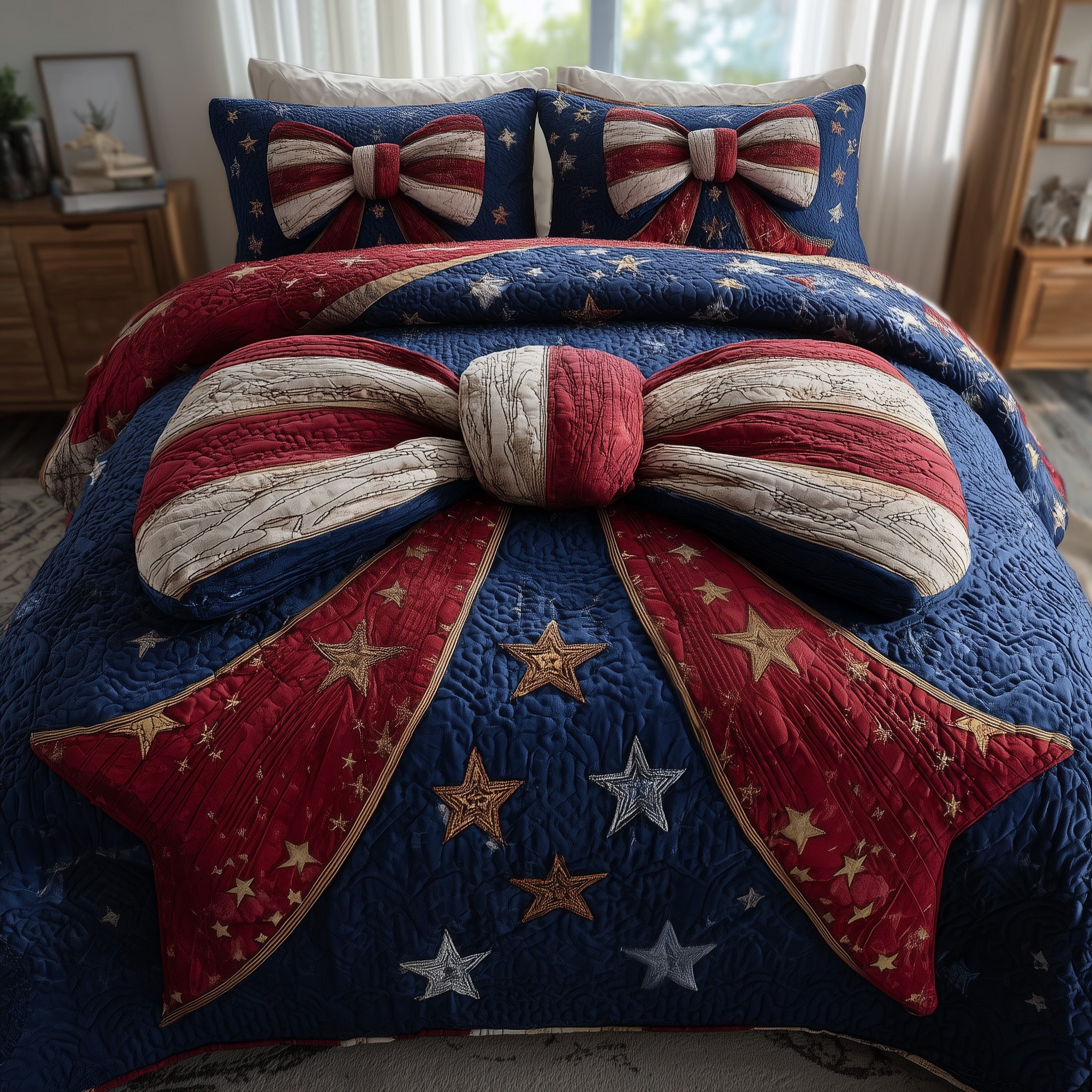 Patriotic Bow Quilted Bedding Set Duvet Cover Bedspread Unique Birthday Gifts For Him