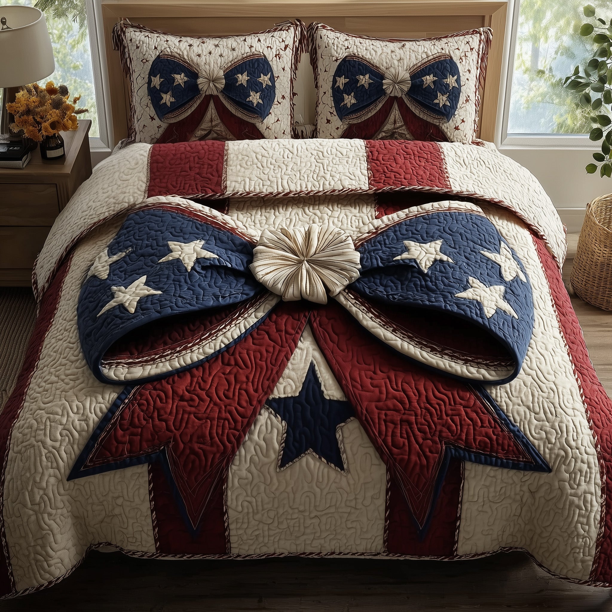 Patriotic Bow Quilted Bedding Set Duvet Cover Bedspread Unique Gift Ideas For Women