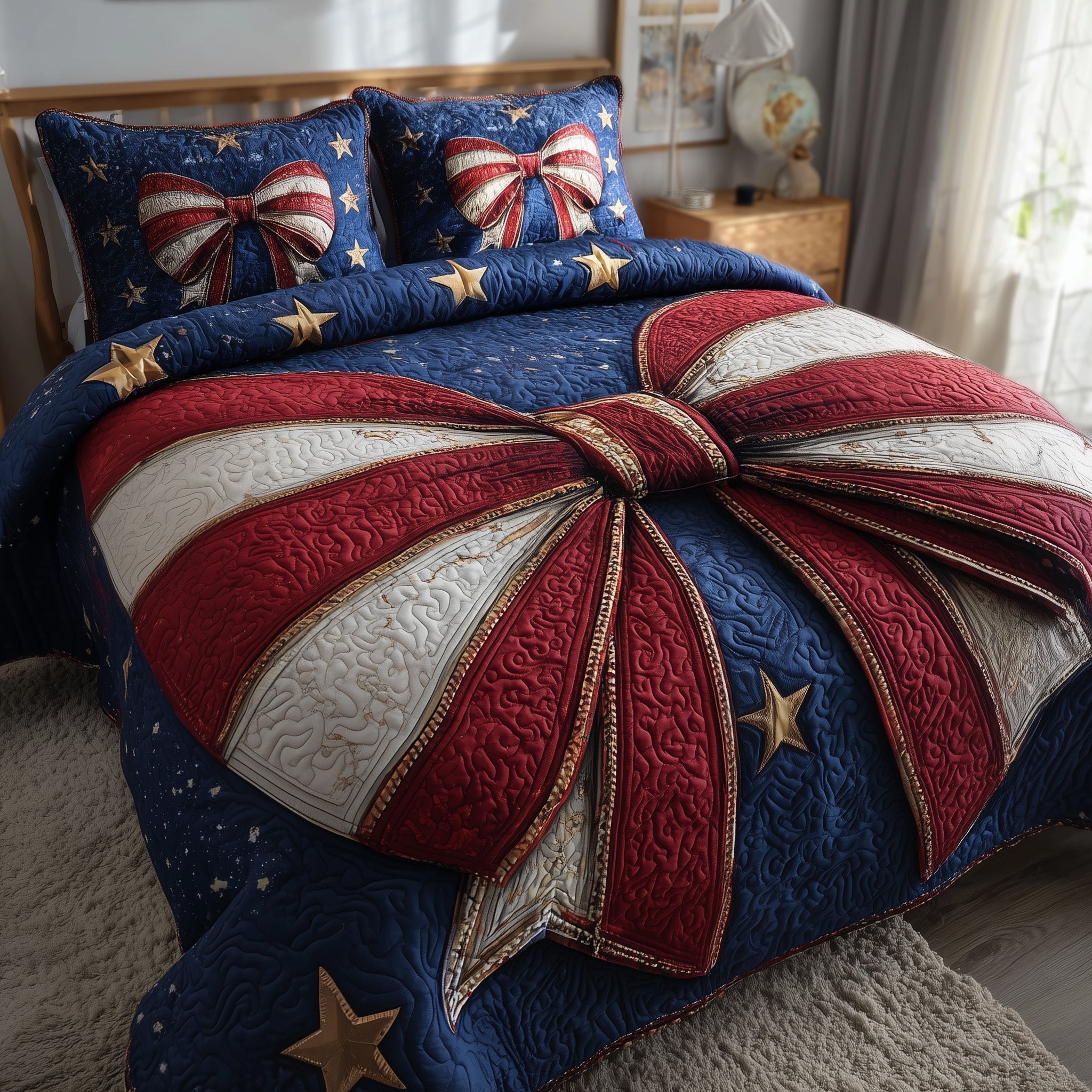 Patriotic Bow Quilted Bedding Set New Home Gift