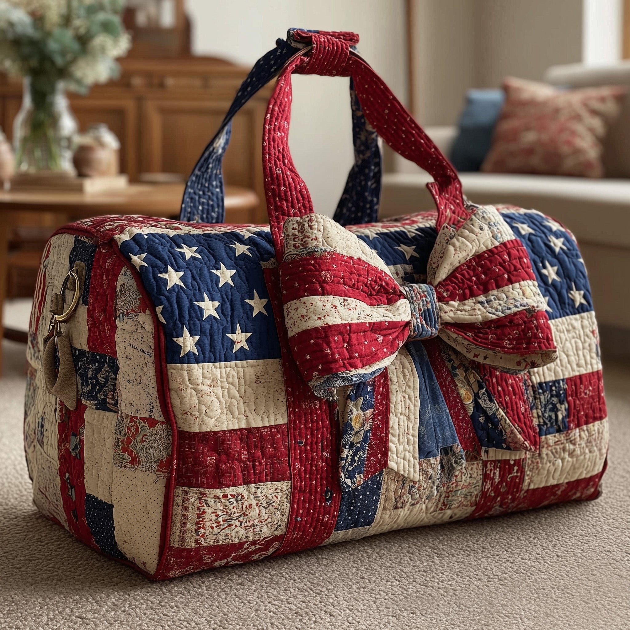 Patriotic Bow Quilted Duffle Bag Holiday Gift Idea
