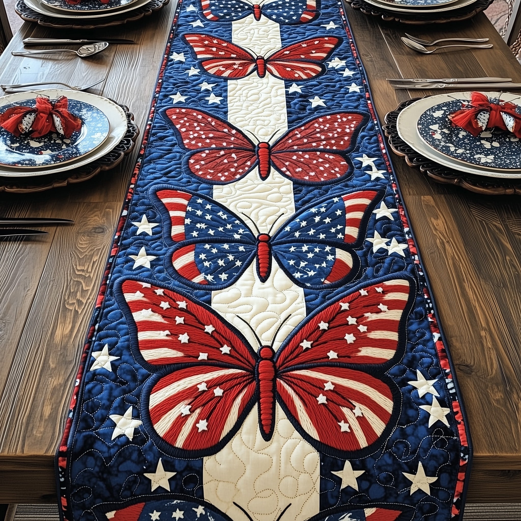 Patriotic Butterfly Quilted Table Runner Christmas Theme Table Runner