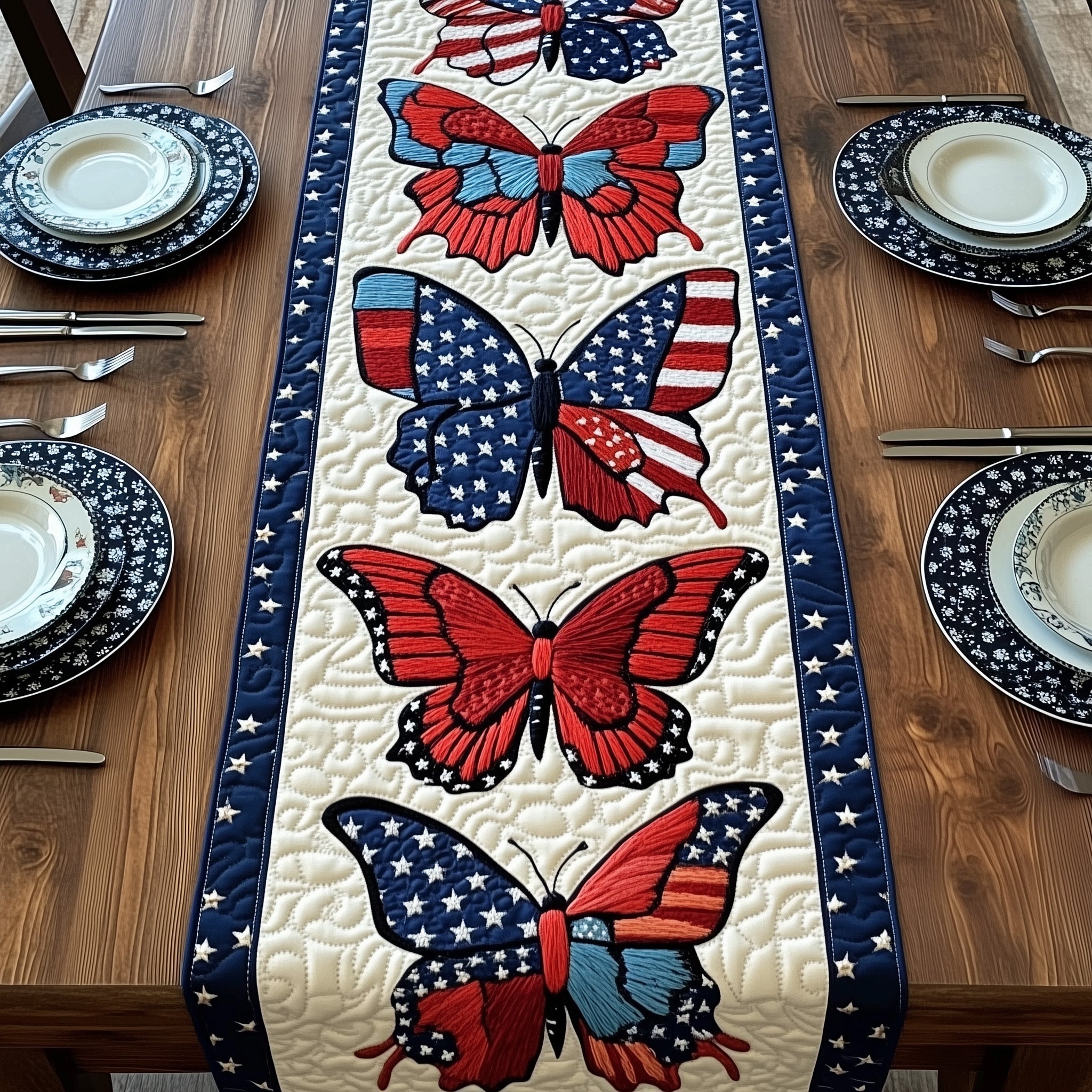 Patriotic Butterfly Quilted Table Runner Festive Table Runner for Dining Table