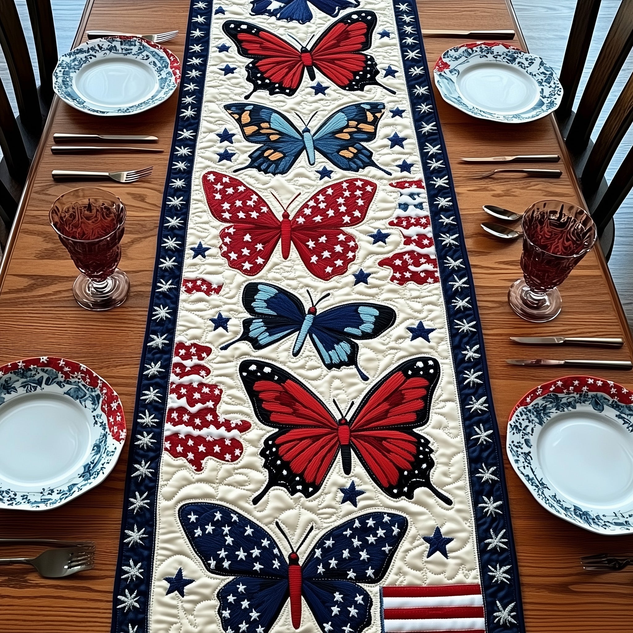 Patriotic Butterfly Quilted Table Runner Holiday Table Runner Decoration
