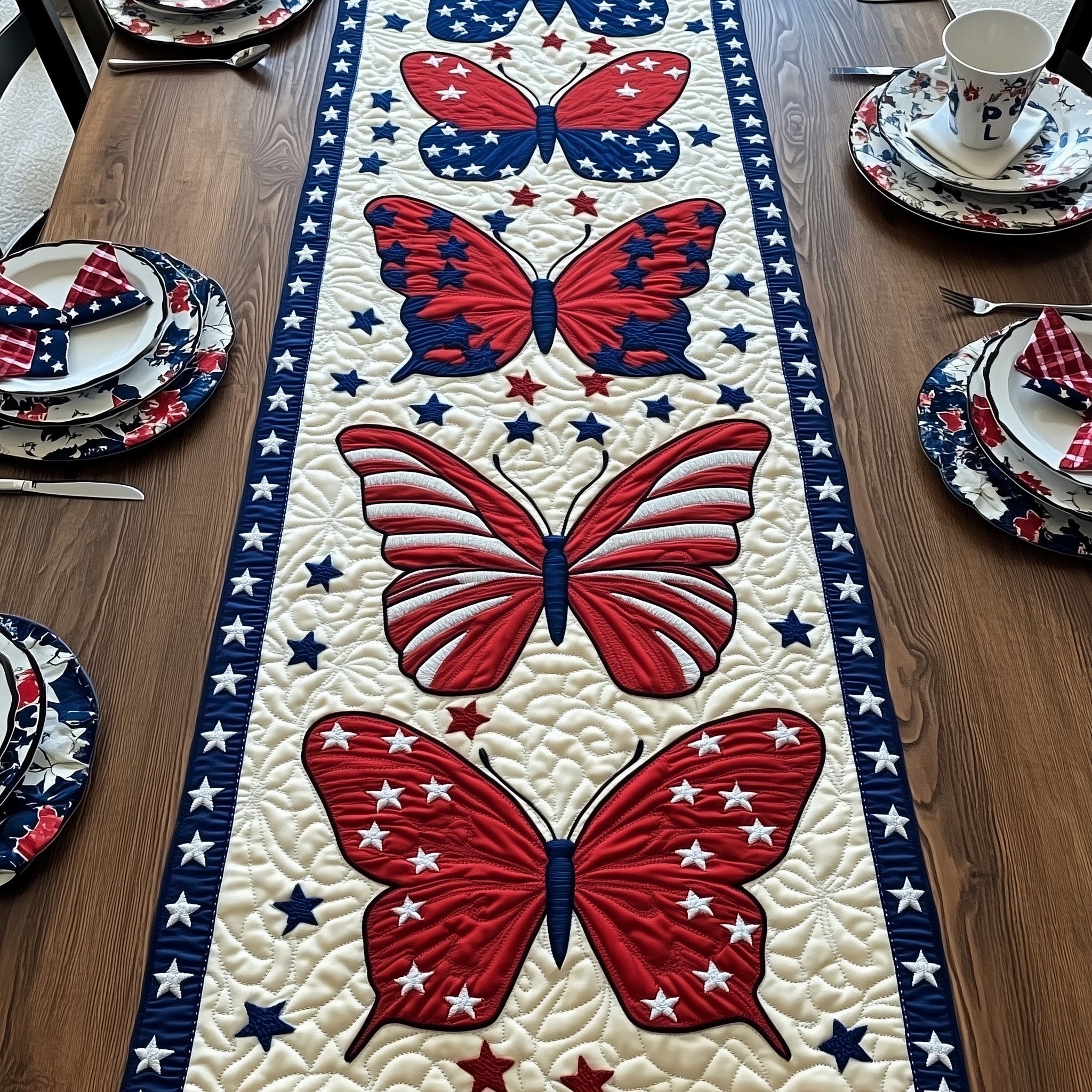 Patriotic Butterfly Quilted Table Runner Merry Christmas Table Runner Decor