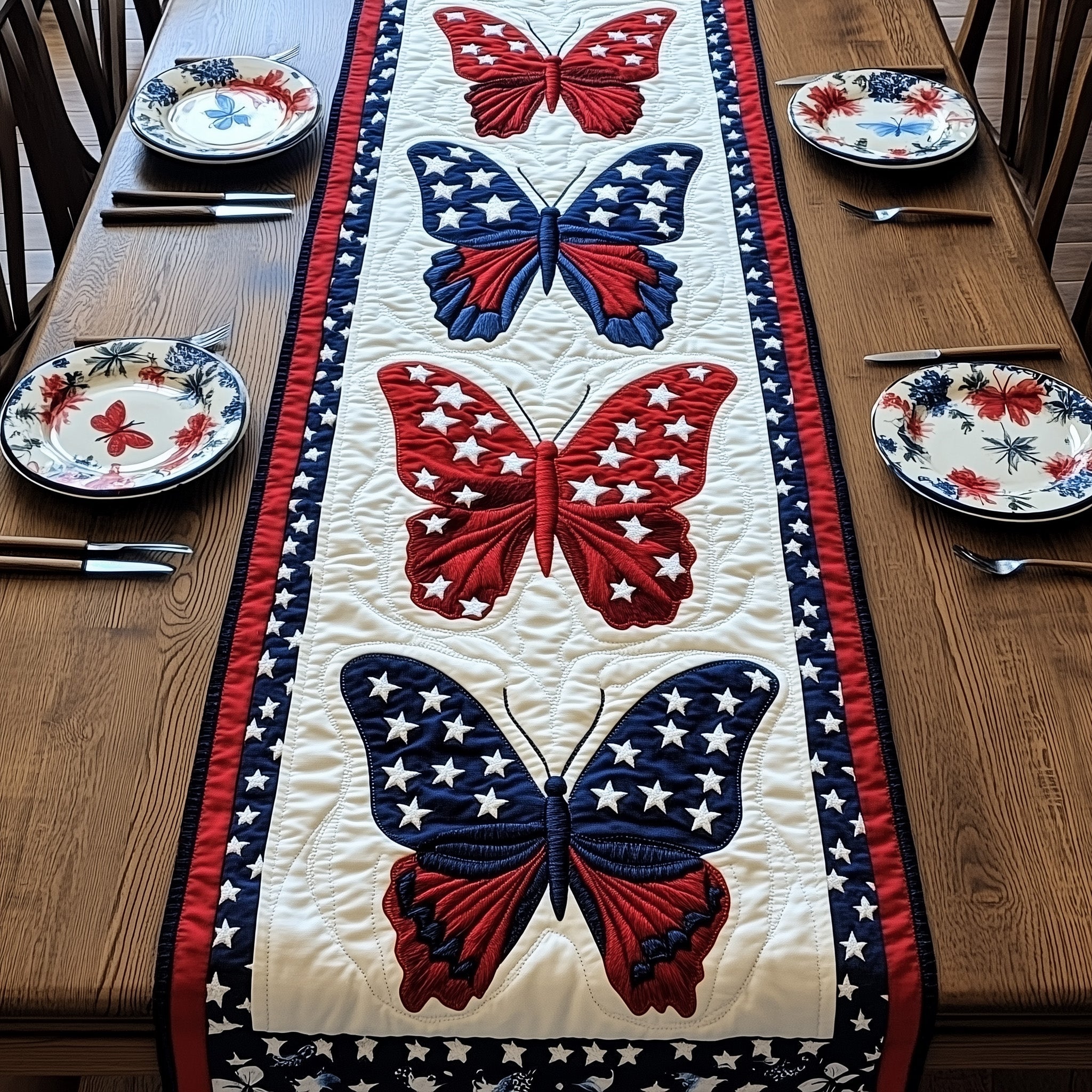 Patriotic Butterfly Quilted Table Runner Xmas Table Runner for Family Gatherings