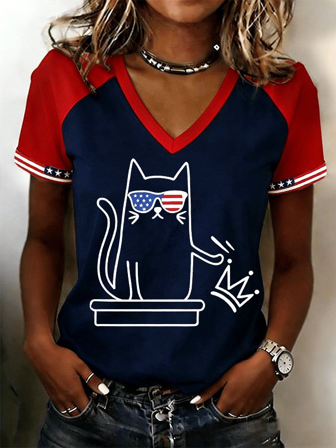 Patriotic Cat V-Neck Shirt No Kings Clothing Best Gifts For Anti Trump