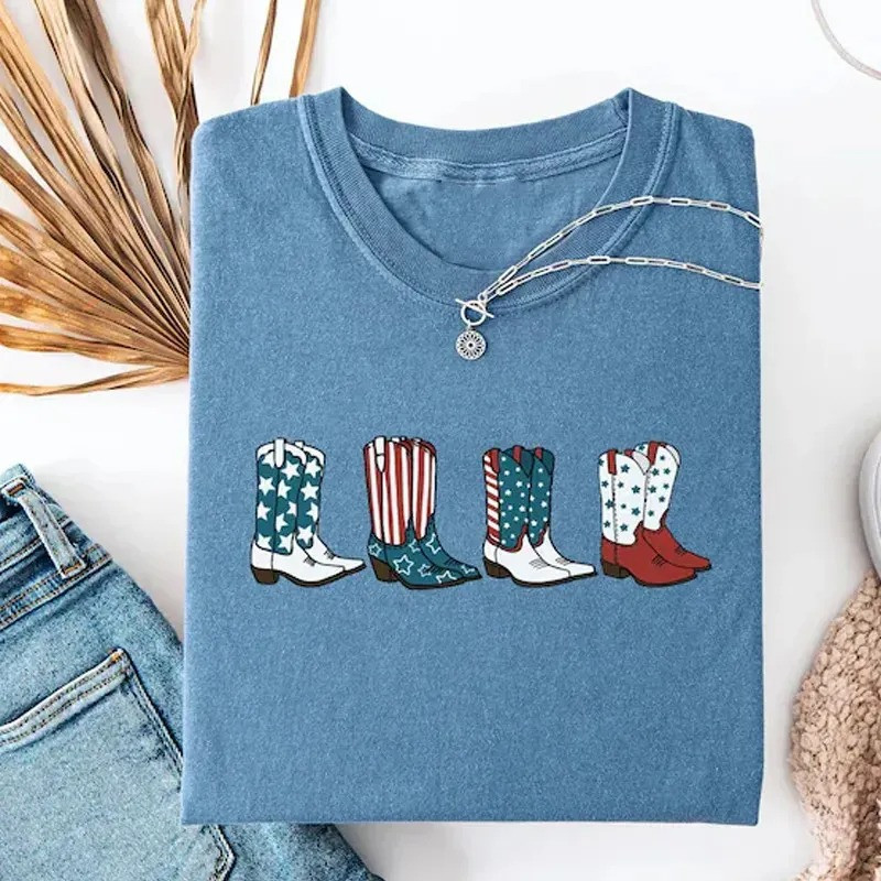 Patriotic Cowboy Boots July 4th T-Shirt American Flag Stars Stripes Best Gift For Independence Day