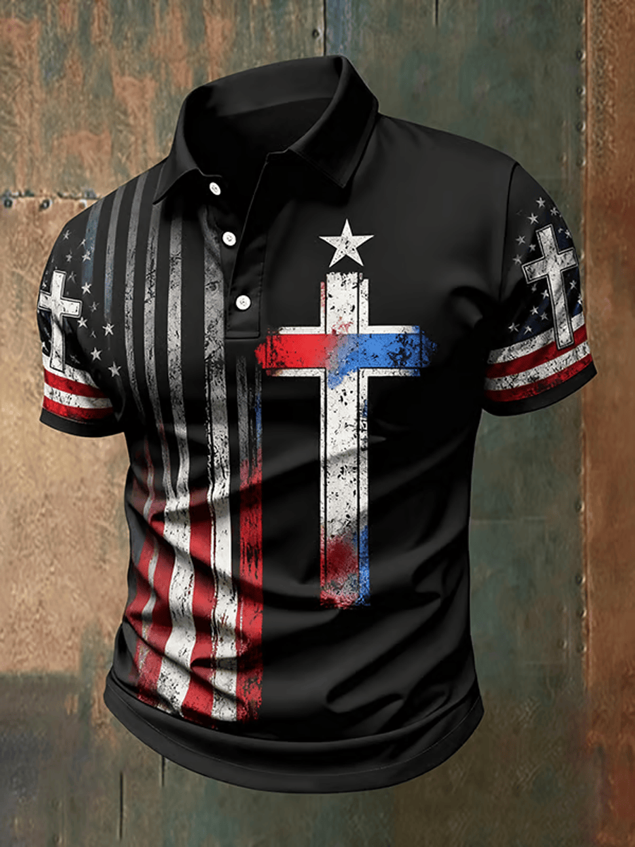 Patriotic Cross USA Flag Polo Shirt Christian Faith American Shirt Gift For Husband