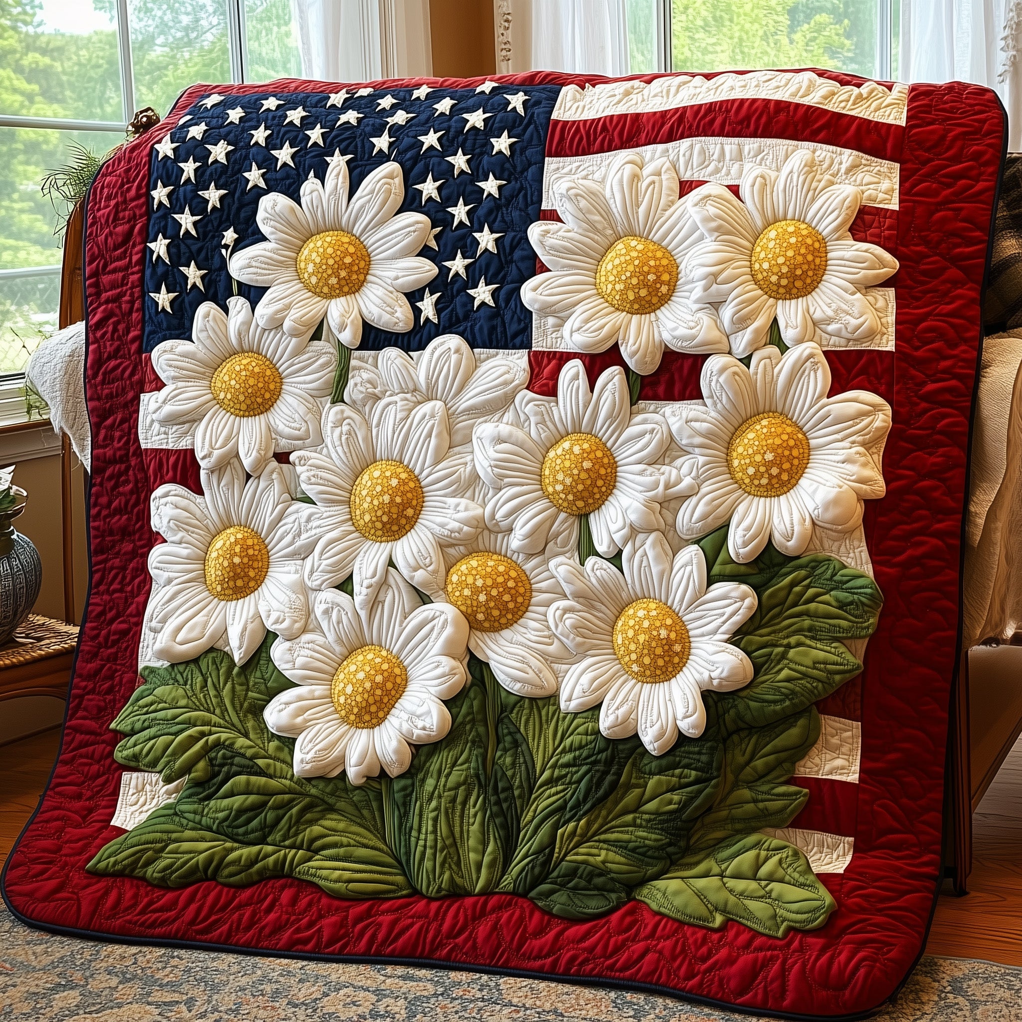 Patriotic Daisies Quilted Blanket Merchandise Throw BlanketGift Ideas For 40Th Birthday Woman