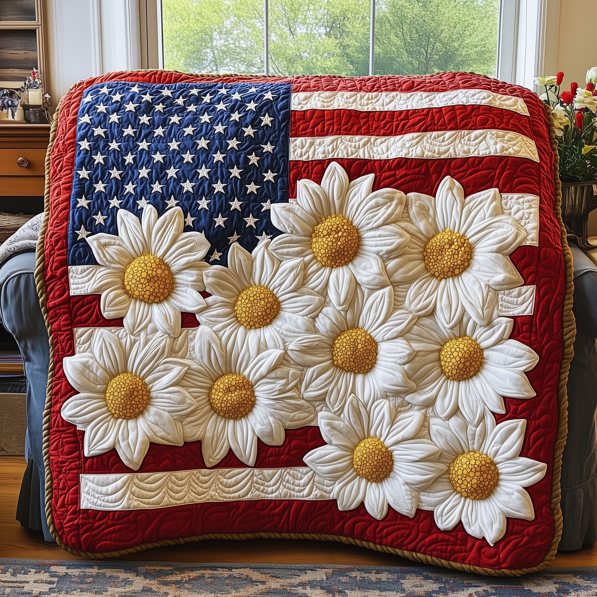 Patriotic Daisies Quilted Blanket Merchandise Throw BlanketGod Daughter Presents