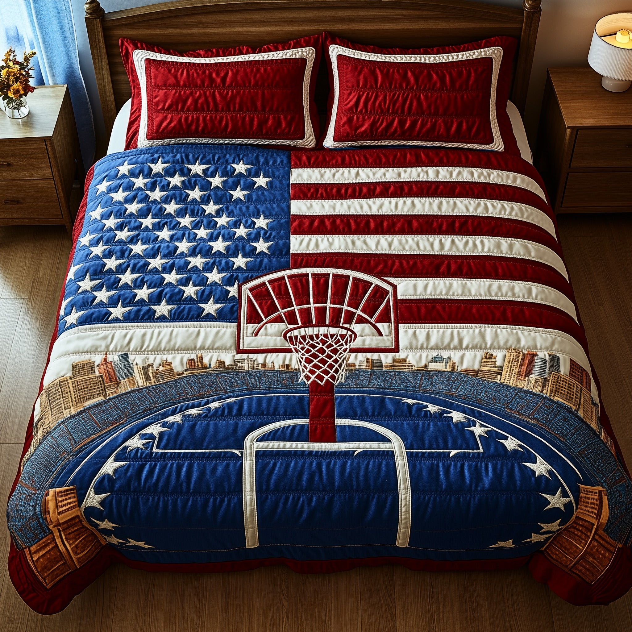 Patriotic Dunk Zone Quilted Bedding Set Duvet Cover Merchandise Senior Gifts For Basketball Players