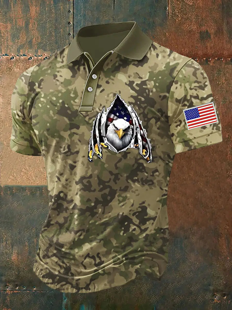 Patriotic Eagle Camouflage Polo Shirt Gift for USA Supporters Independence Day Mens Top