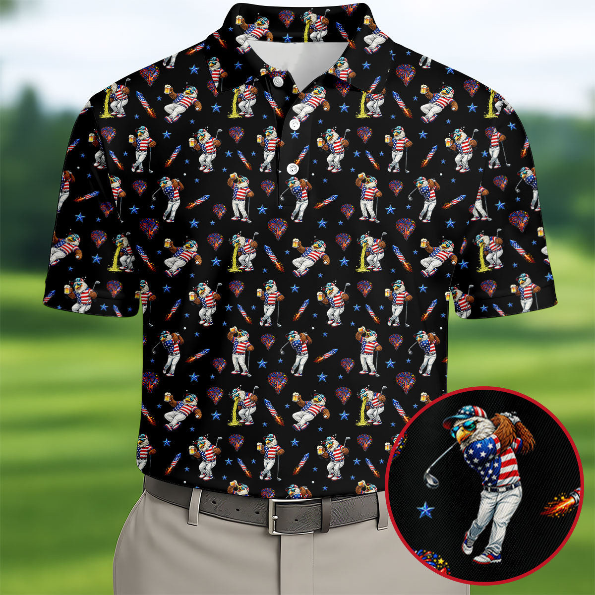 Patriotic Eagle Golf And Beer Funny 4th Of July Polo Shirt Father's Day Merch Golf Lover Gift Idea