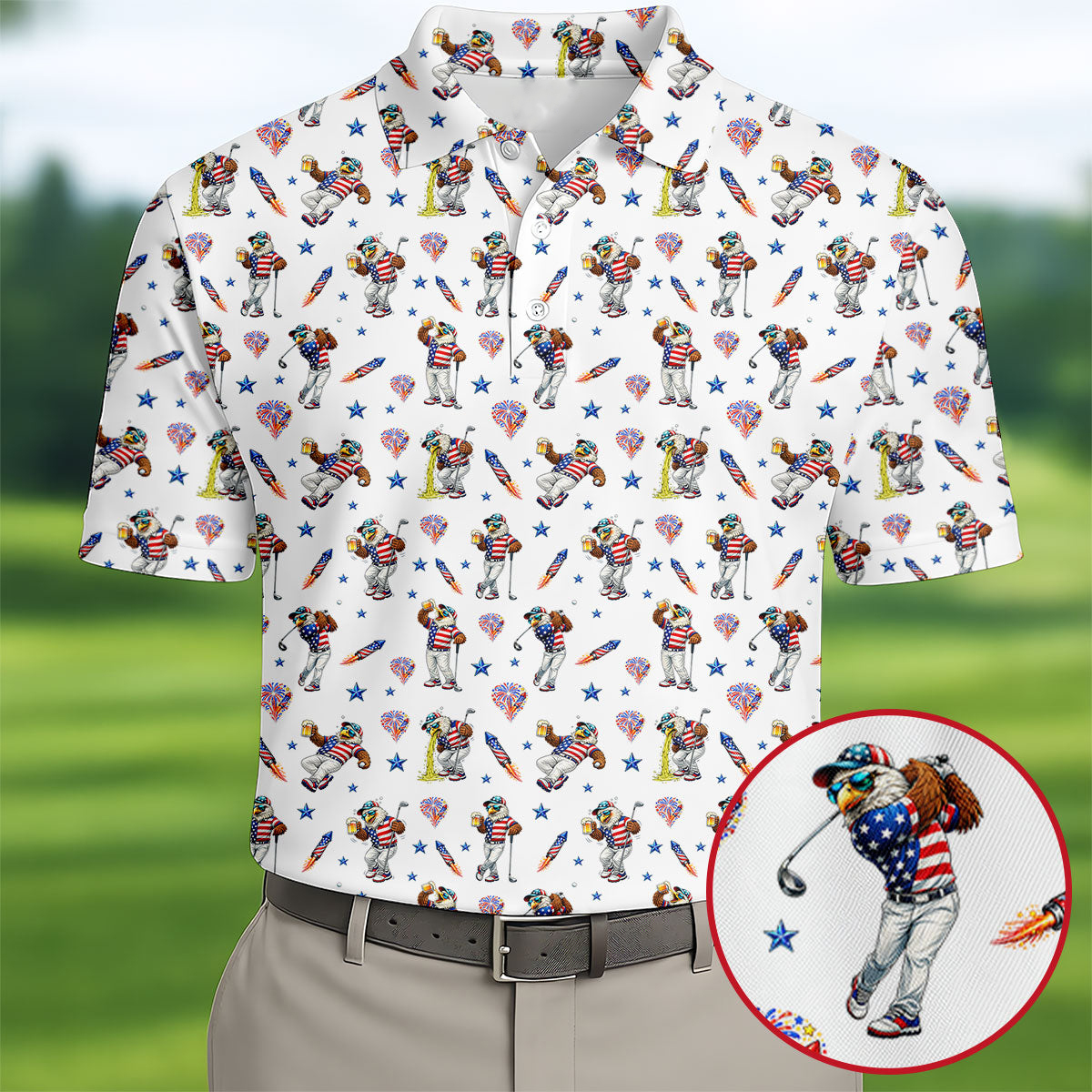 Patriotic Eagle Golf And Beer Funny 4th Of July Polo Shirt Golf Merch Gifts For Golfers