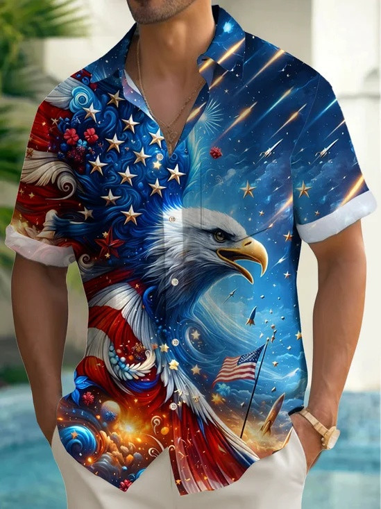 Patriotic Eagle Hawaiian Button Shirt Vibrant Independence Day Apparel Gift For Him