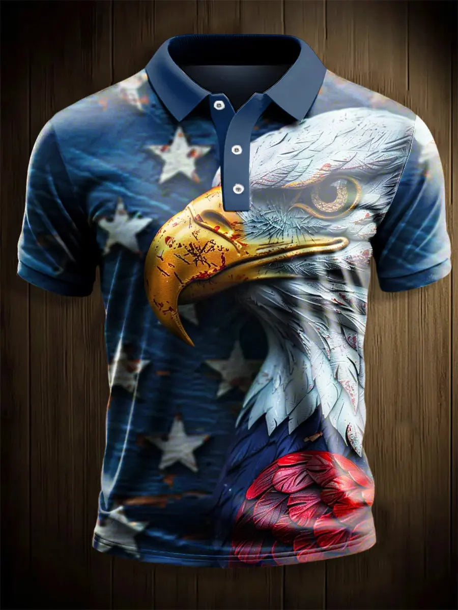 Patriotic Eagle Print Short Sleeve Polo Shirt Independence Day Gift for USA Pride Fans