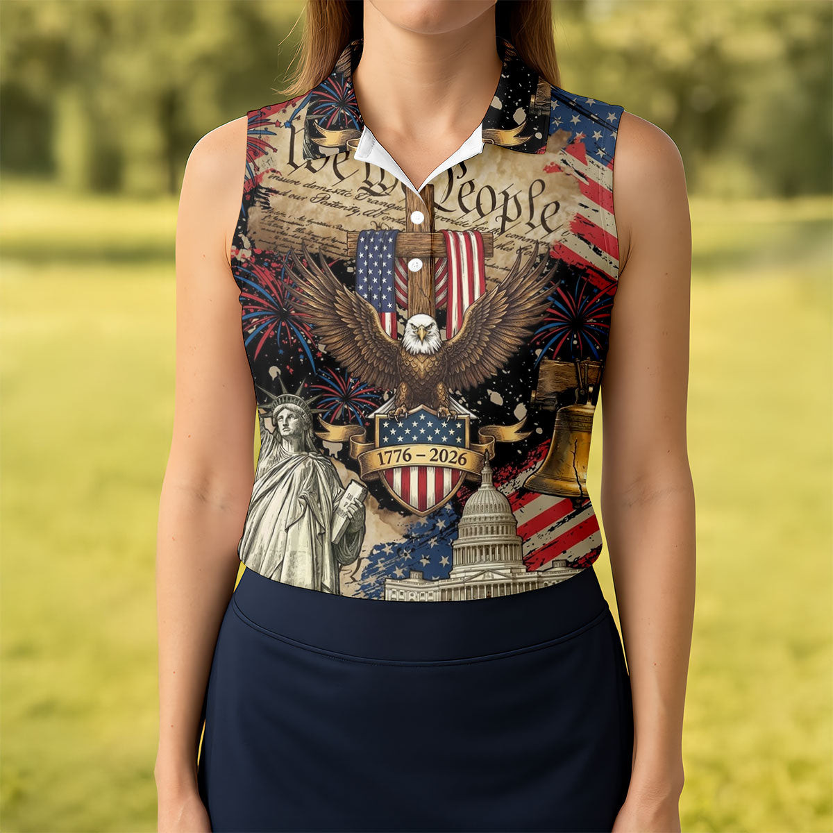 Patriotic Eagle We The People 1776 2026 Sleeveless Polo Shirt Golf Shirt For Women