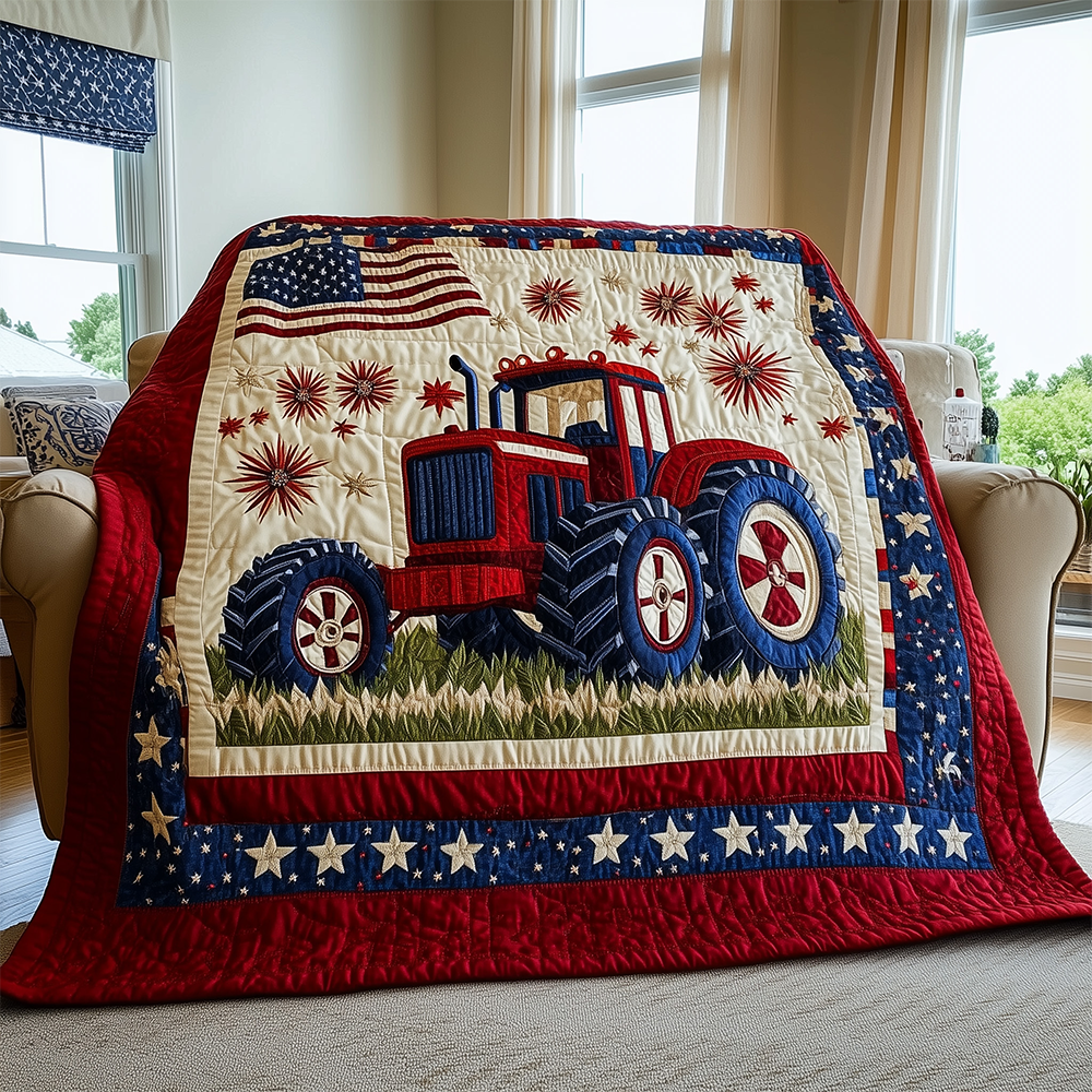 Patriotic Farm Tractor Quilted Blanket Red White Blue USA Flag Unique Farmer Tractor Gifts For Him