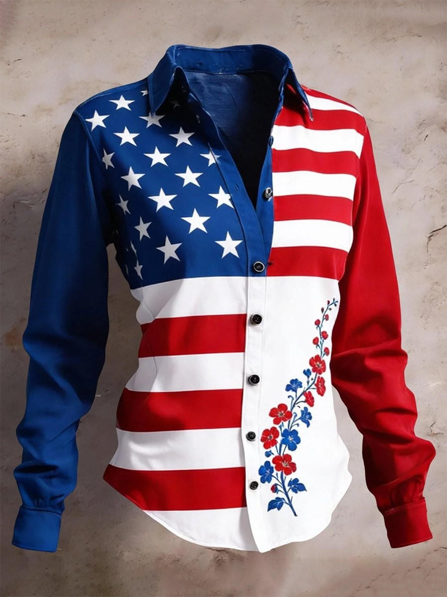 Patriotic Floral American Flag Button Long Sleeve Shirt 4th Of July Celebration Clothing Gift For Women