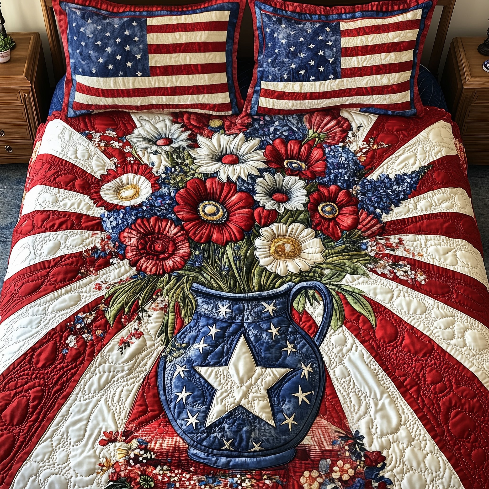 Patriotic Floral Quilted Bedding Set Duvet Cover Merchandise Meaningful Gifts For Wife