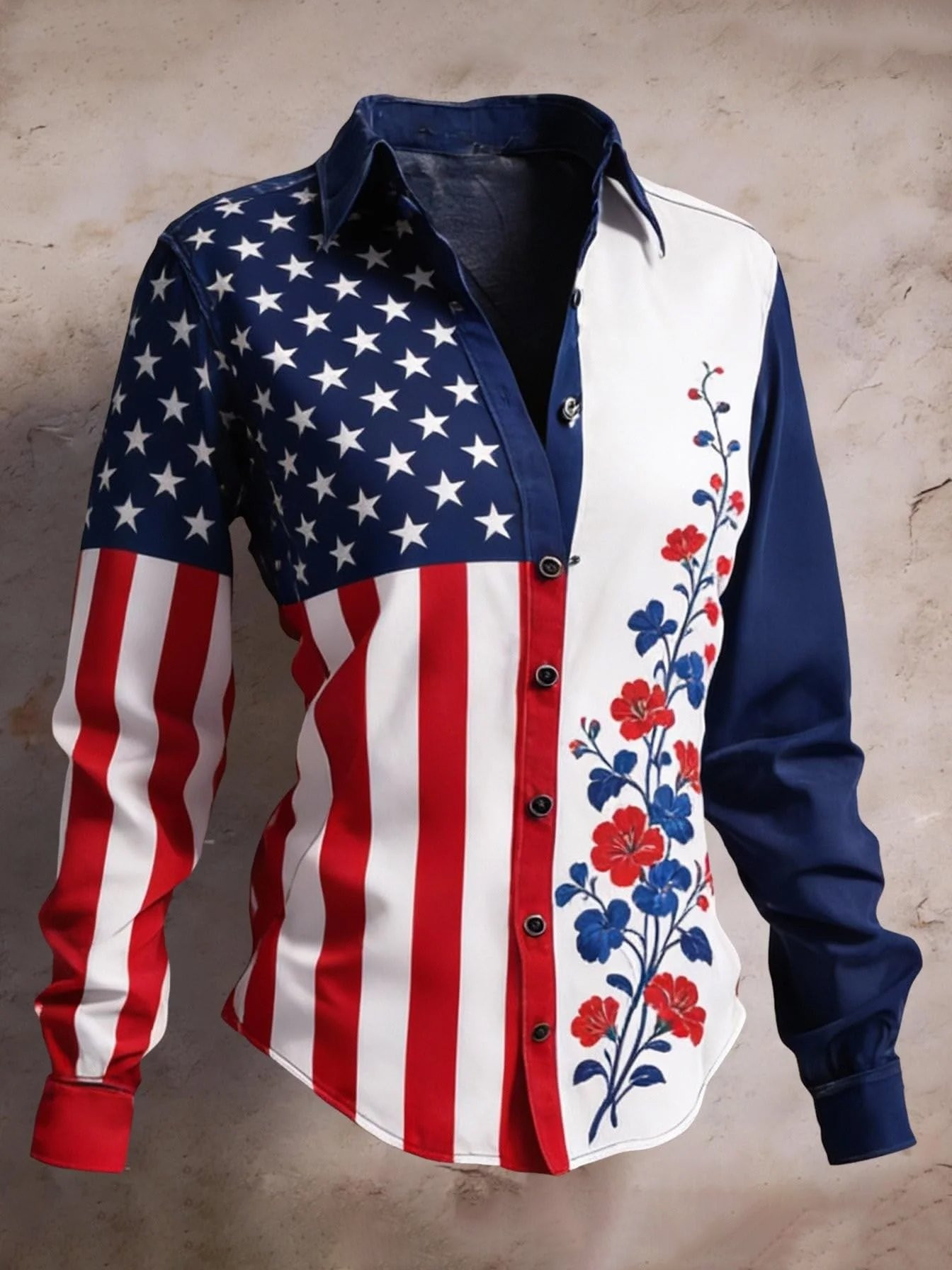 Patriotic Floral USA Flag Button Long Sleeve Shirt Semiquincentennial Clothing Gift For Her